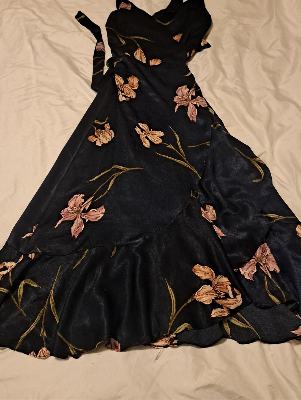 Lumiere Dark Blue Satin Floral Ruffle Hem Wrap Dress - Elegant Evening Dress